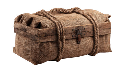 Aged, wooden chest wrapped in burlap