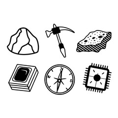 Geology and exploration icons featuring rocks, compass, pickaxe and a chip