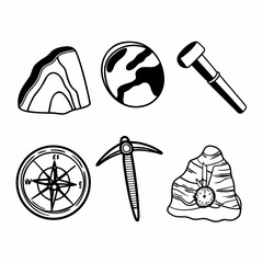 Geology and exploration icons featuring rocks, compass, pickaxe and other tools