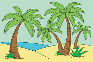 Colorful palm trees vector art on a tropical beach.