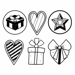 Hand drawn gift box, star, heart, and bow icons for celebration and love