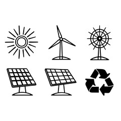 Illustration of renewable energy sources, including solar panels, wind turbines, and recycling symbols