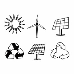 Illustration of renewable energy sources, including solar panels, wind turbines, and recycling symbols
