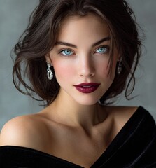 a stylish woman with blue eyes and dark red lipstick, wearing earrings and a black off-the-shoulder top, poses for the camera.