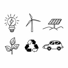 Hand drawn illustration of renewable energy sources, environmental symbols, and electric car