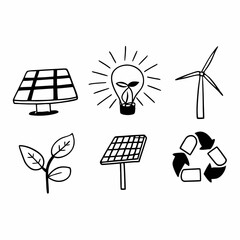 Hand drawn illustration of renewable energy sources and environmental symbols