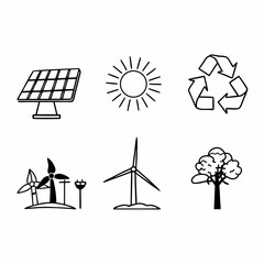 Illustration of renewable energy sources, including solar panel, wind turbine, and recycling symbol