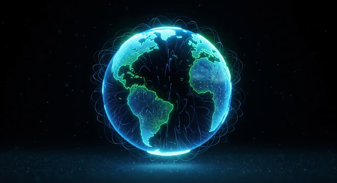 Glowing digital Earth hologram with neon light effect, futuristic world map technology, global connectivity, AI, space, and innovation design
