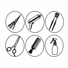 Hairdressing salon equipment icons, featuring scissors, comb, brush and spray