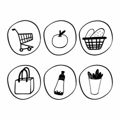 Hand drawn illustration of shopping icons, including food and shopping bag