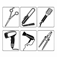 Collection of black and white line art icons depicting various hairdressing tools