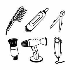 Hairdressing salon equipment icons, featuring scissors, comb, brush and dryer