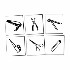 Collection of black and white line art icons depicting various hairdressing tools