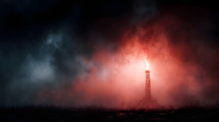 Fototapeta premium A dramatic night scene of an industrial oil flare stack burning intensely surrounded by thick glowing red and dark smoke