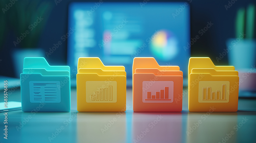 Poster colorful file folders organized on a desk with a modern digital display in the background