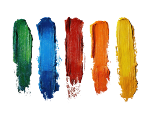 Five vibrant paint strokes in a rainbow of colors