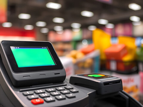 Modern point of sale payment terminal with green screen, keypad, and card reader in a blurred retail store background for commercial transactions.