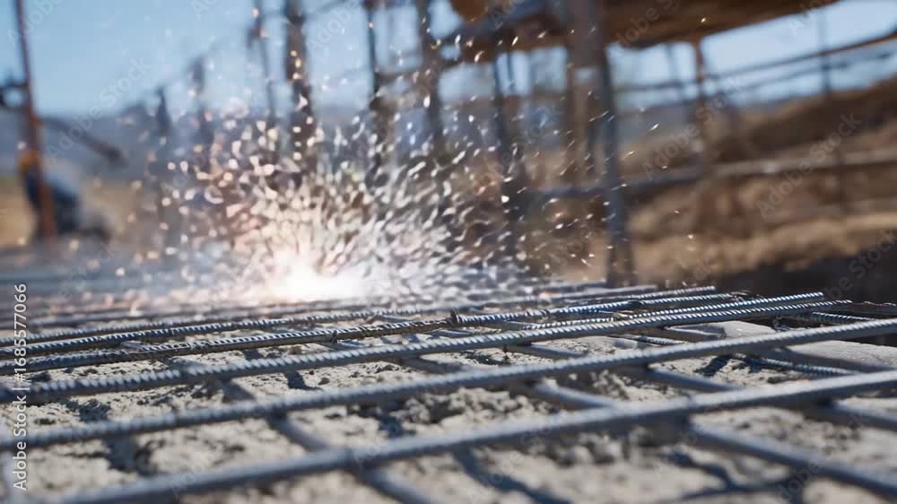 Poster A close-up of a rebar grid in concrete with welding sparks illuminating worn scaffolding.