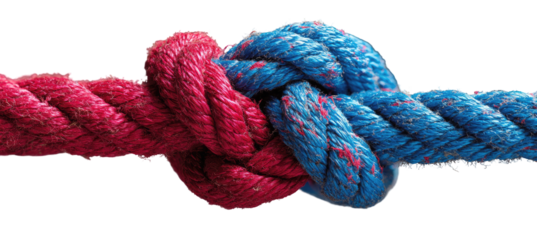 Intertwined red and blue ropes knotted
