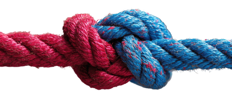 Intertwined red and blue ropes knotted