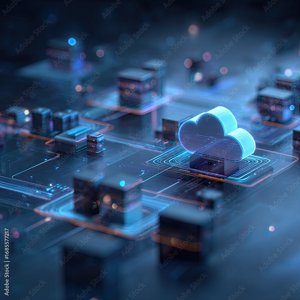 Poster digital cloud icon on tech circuit board cubes and lines with a bluetoned aesthetic