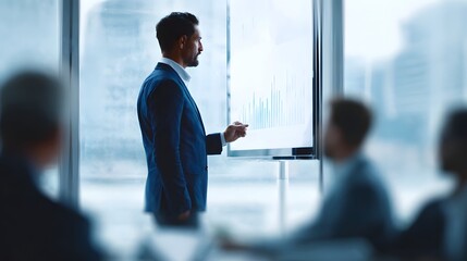 A businessman in a formal suit presents data and financial analysis on a large interactive screen during a corporate meeting in a modern office