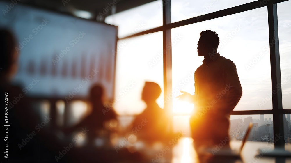 Poster professional business presentation in a modern office featuring a silhouette of a speaker illuminate