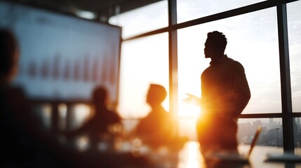 Professional business presentation in a modern office featuring a silhouette of a speaker illuminated by warm sunset light with a data chart on a