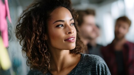 Young woman thoughtfully looking away during a creative brainstorming session with her diverse team in a modern collaborative office environment