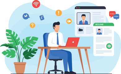 Online job interview, candidate profile review, virtual hiring process, resume evaluation, remote recruitment, business interview scene, digital hiring workflow