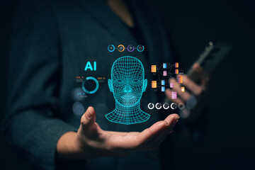 Chat with AI. Artificial intelligence. The concept of accessing imagination by feeding commands to Ai to create what is in our mind with futuristic technology through the Internet...