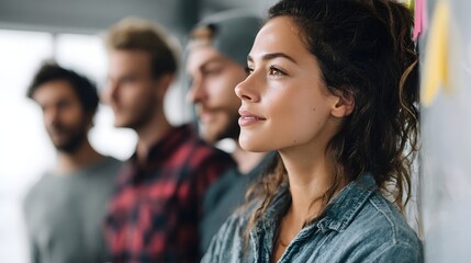 A focused young woman intently observes during a creative team brainstorming session in a modern collaborative office environment