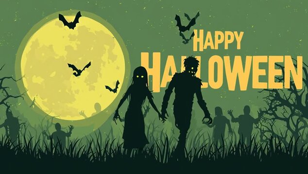 Halloween banner In Spooky Night with zombie and witch are walking - Happy Halloween animation. halloween pattern easy to color adjustment
