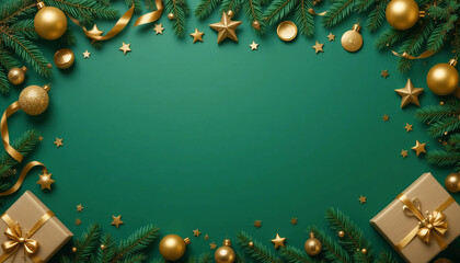 Creative flat lay of green background decorated with Christmas ornaments, golden baubles, stars, ribbons, pine branches, and gift boxes