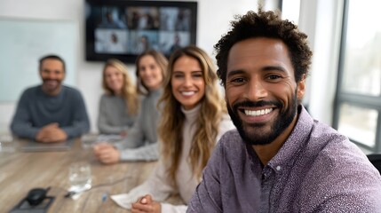 Obraz premium Diverse business team members smile during a hybrid meeting showcasing modern collabo n and positive interaction in a bright office