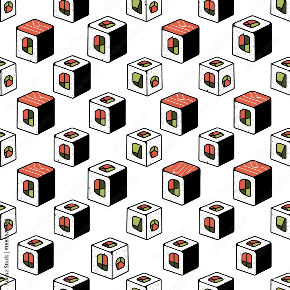 Poster isometric pattern of cube shaped sushi rolls with salmon and avocado on a white background surface