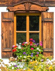 Wooden window with shutters and colorful flowers