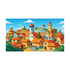 Vector illustration of a colorful cartoon town with castle © Nayeem