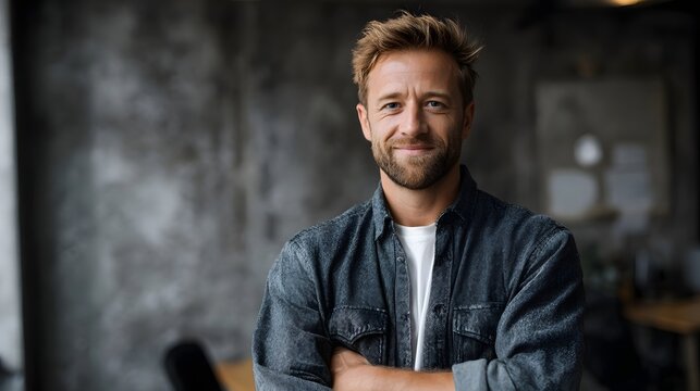 Confident male professional smiling with arms crossed in a modern office exuding a positive and approachable demeanor