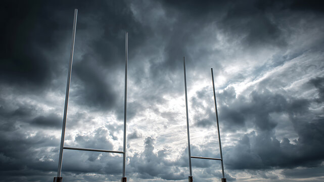 White rugby goal posts standing against a dramatic, dark, and stormy sky - Powered by Adobe