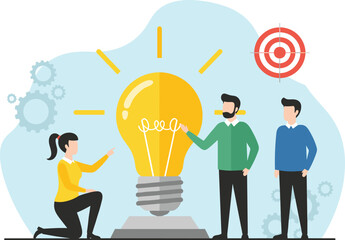 Creative team brainstorming, innovative ideas concept, business innovation, teamwork collaboration, problem solving, strategy planning, bright lightbulb inspiration illustration