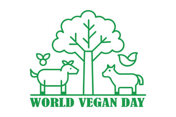 Vegan Compassion Line Art Vector | Happy Animals Under Tree Illustration