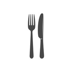 A simple illustration of a dark gray fork and knife side by side on a plain white background space