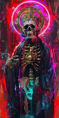 Cyberpunk Skeleton A Futuristic Guardian with Neon Halo and Robotic Glow