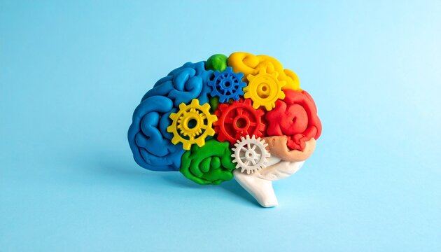 This conceptual image features a handcrafted brain model sculpted from vibrant clay, segmented into anatomically inspired regions using bold colors such as red, green, yellow, and purple. Interspersed