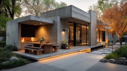 Fototapeta premium Ultra modern house with clean lines and large glass windows at dusk, stylish outdoor patio with wooden furniture,