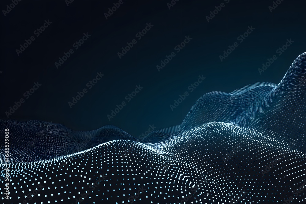 Poster abstract digital background with a wave of dots and lines in a dark blue-green color, suitable for a