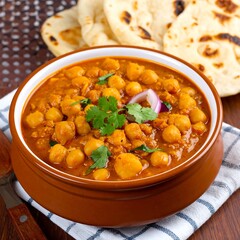 Hearty chickpea curry in a rustic bowl, served with flatbreads