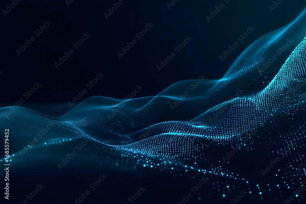 Poster abstract digital background with a wave of dots and lines in a dark blue-green color, suitable for a