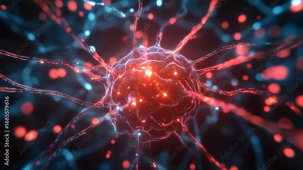 Poster glowing neuron sending signals through neural network in the brain